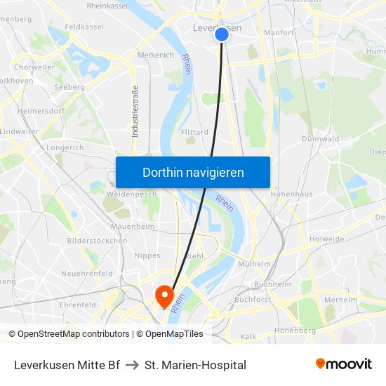 Leverkusen Mitte Bf to St. Marien-Hospital map