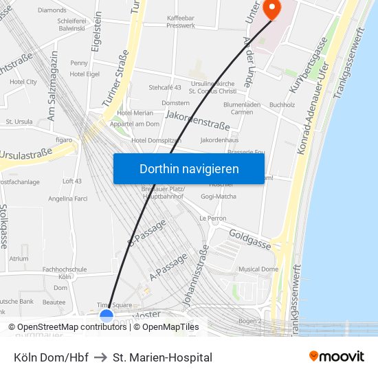 Köln Dom/Hbf to St. Marien-Hospital map