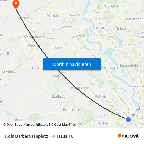 Köln Barbarossaplatz to Haus 18 map