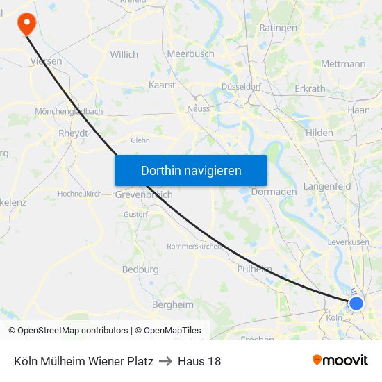 Köln Mülheim Wiener Platz to Haus 18 map