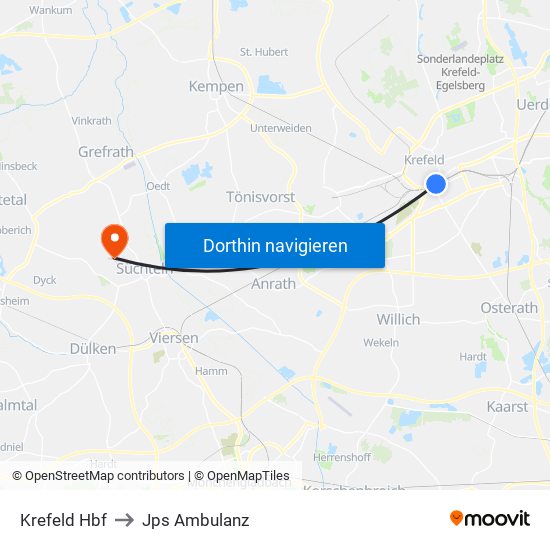 Krefeld Hbf to Jps Ambulanz map
