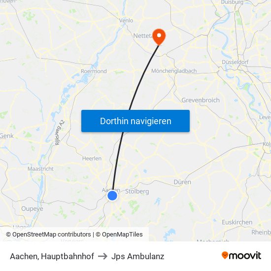 Aachen, Hauptbahnhof to Jps Ambulanz map