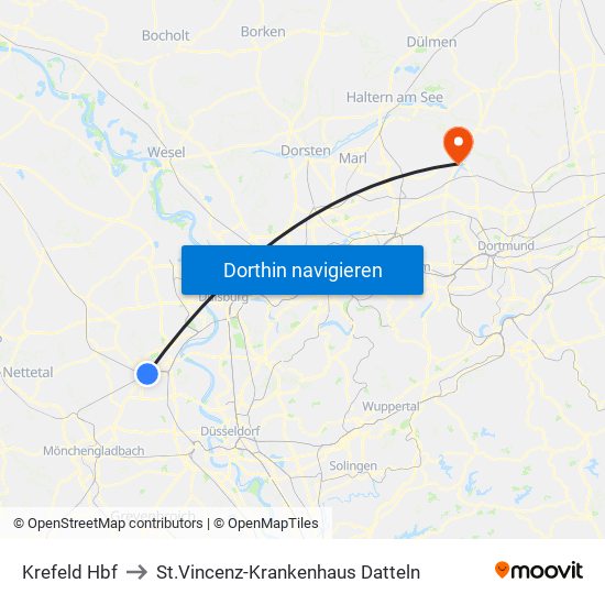 Krefeld Hbf to St.Vincenz-Krankenhaus Datteln map