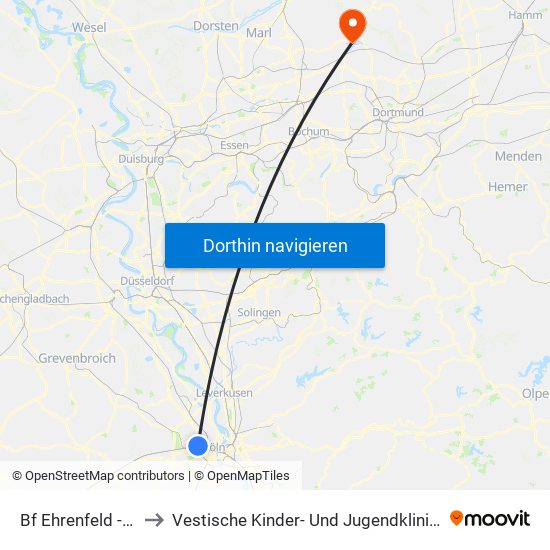 Bf Ehrenfeld - Köln to Vestische Kinder- Und Jugendklinik Datteln map