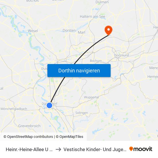 Heinr.-Heine-Allee U - Düsseldorf to Vestische Kinder- Und Jugendklinik Datteln map