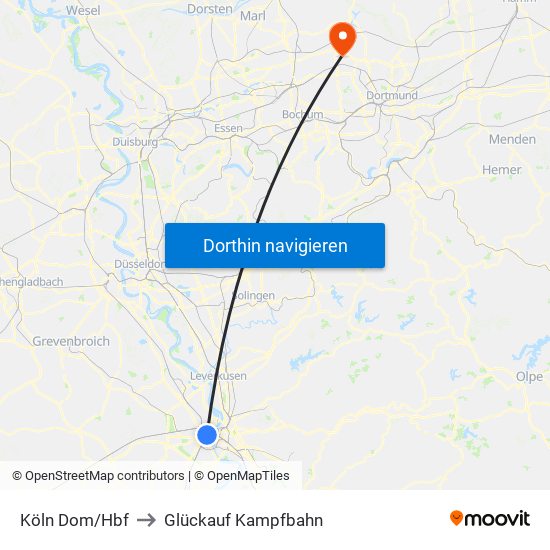 Köln Dom/Hbf to Glückauf Kampfbahn map