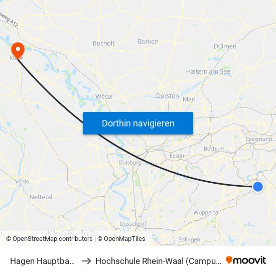 Hagen Hauptbahnhof to Hochschule Rhein-Waal (Campus Kleve) map