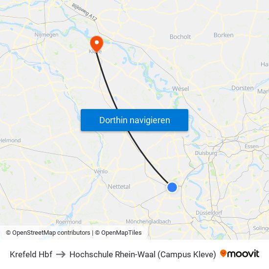 Krefeld Hbf to Hochschule Rhein-Waal (Campus Kleve) map