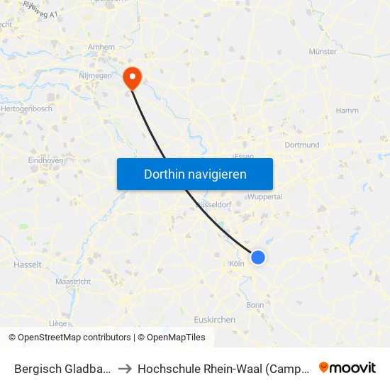 Bergisch Gladbach (S) to Hochschule Rhein-Waal (Campus Kleve) map