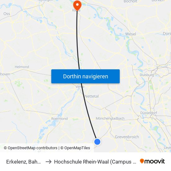 Erkelenz, Bahnhof to Hochschule Rhein-Waal (Campus Kleve) map