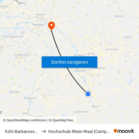 Köln Barbarossaplatz to Hochschule Rhein-Waal (Campus Kleve) map