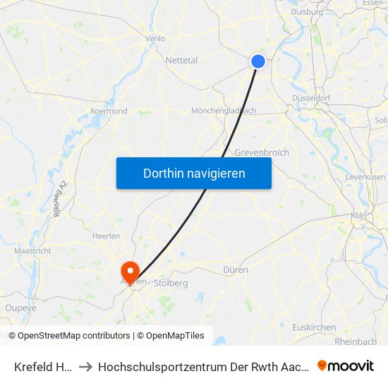 Krefeld Hbf to Hochschulsportzentrum Der Rwth Aachen map