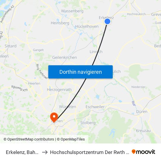 Erkelenz, Bahnhof to Hochschulsportzentrum Der Rwth Aachen map