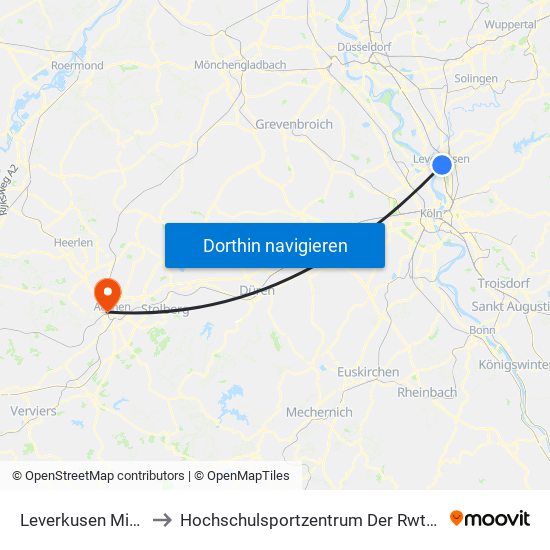 Leverkusen Mitte Bf to Hochschulsportzentrum Der Rwth Aachen map