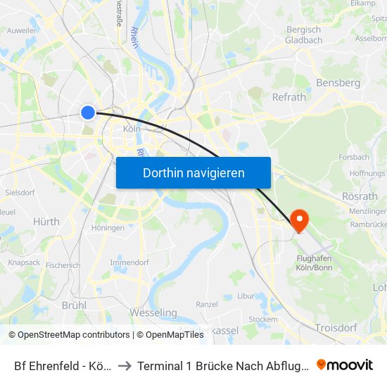 Bf Ehrenfeld - Köln to Terminal 1 Brücke Nach Abflug B map