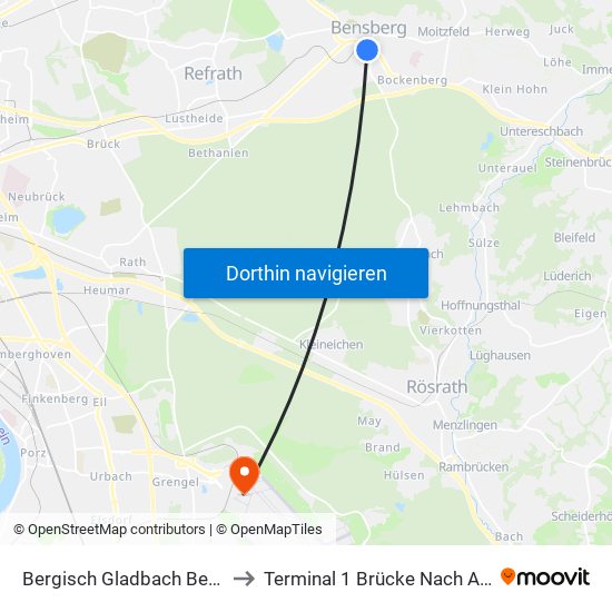 Bergisch Gladbach Bensberg to Terminal 1 Brücke Nach Abflug B map