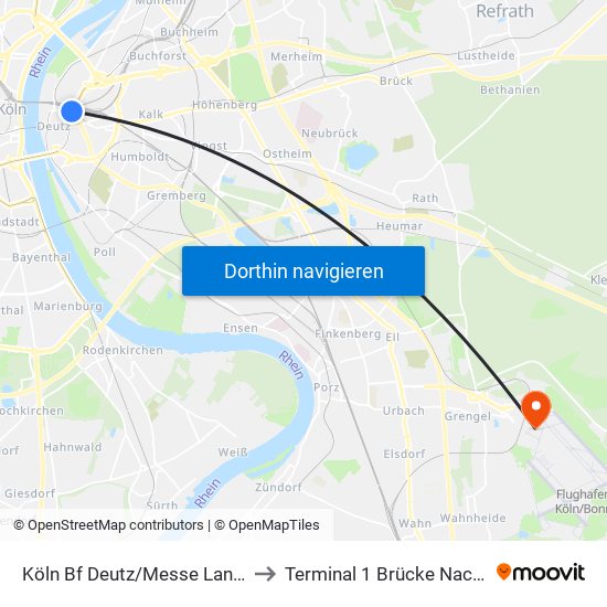 Köln Bf Deutz/Messe Lanxess Arena to Terminal 1 Brücke Nach Abflug B map