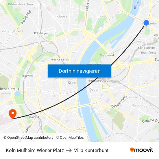 Köln Mülheim Wiener Platz to Villa Kunterbunt map