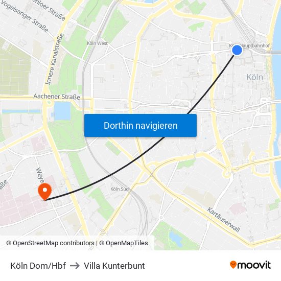 Köln Dom/Hbf to Villa Kunterbunt map