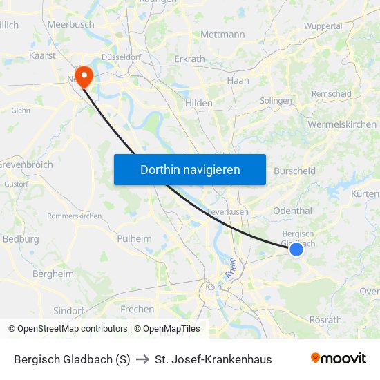 Bergisch Gladbach (S) to St. Josef-Krankenhaus map