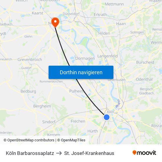 Köln Barbarossaplatz to St. Josef-Krankenhaus map