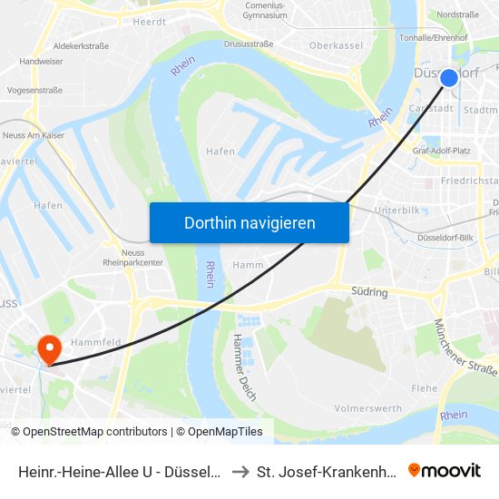 Heinr.-Heine-Allee U - Düsseldorf to St. Josef-Krankenhaus map