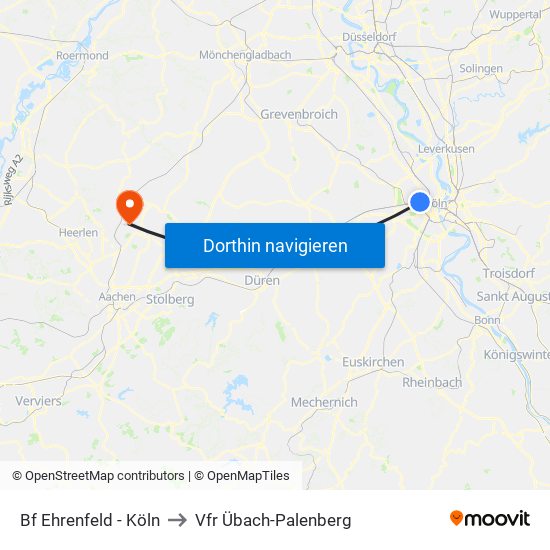 Bf Ehrenfeld - Köln to Vfr Übach-Palenberg map