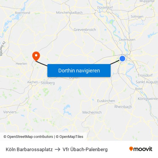 Köln Barbarossaplatz to Vfr Übach-Palenberg map