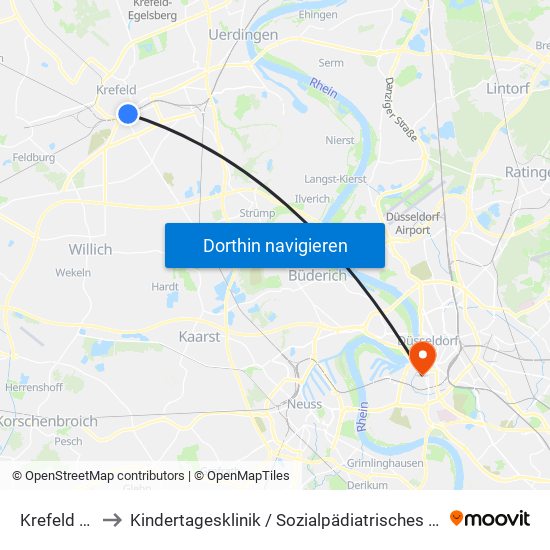 Krefeld Hbf to Kindertagesklinik / Sozialpädiatrisches Zentrum map