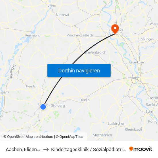 Aachen, Elisenbrunnen to Kindertagesklinik / Sozialpädiatrisches Zentrum map