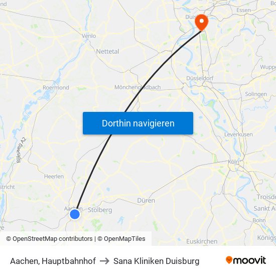 Aachen, Hauptbahnhof to Sana Kliniken Duisburg map