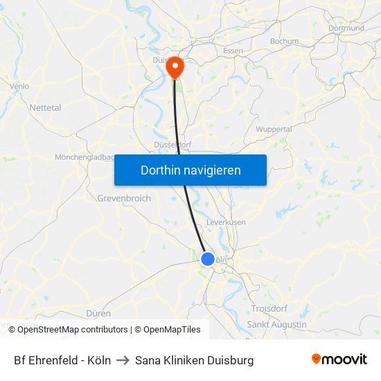 Bf Ehrenfeld - Köln to Sana Kliniken Duisburg map