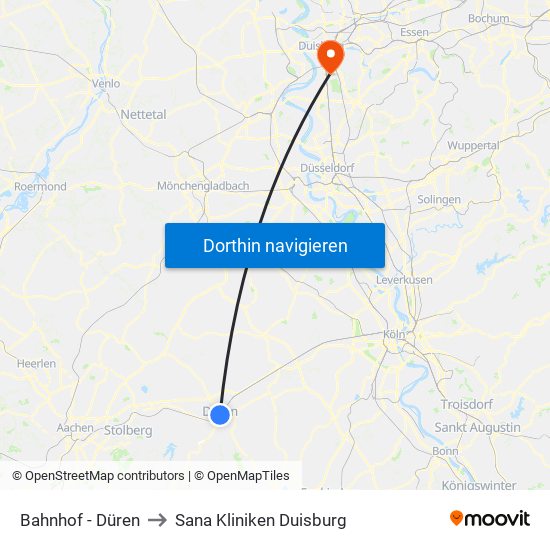 Bahnhof - Düren to Sana Kliniken Duisburg map