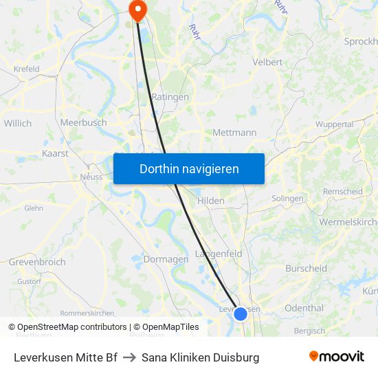 Leverkusen Mitte Bf to Sana Kliniken Duisburg map