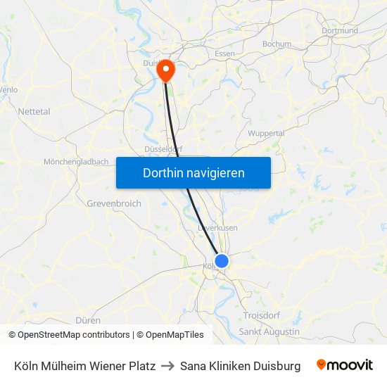 Köln Mülheim Wiener Platz to Sana Kliniken Duisburg map