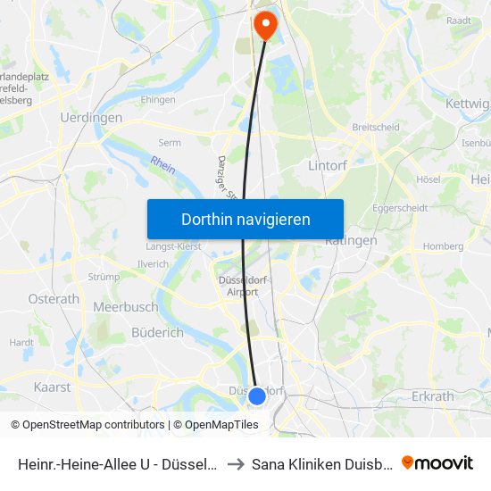 Heinr.-Heine-Allee U - Düsseldorf to Sana Kliniken Duisburg map