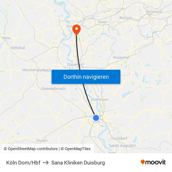 Köln Dom/Hbf to Sana Kliniken Duisburg map