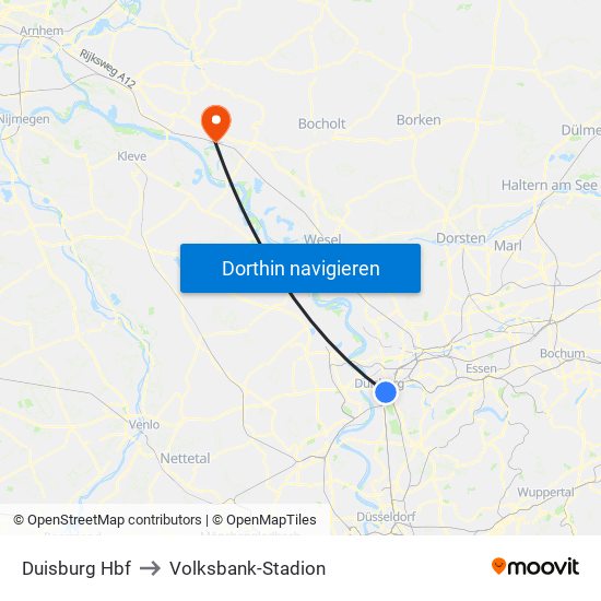 Duisburg Hbf to Volksbank-Stadion map