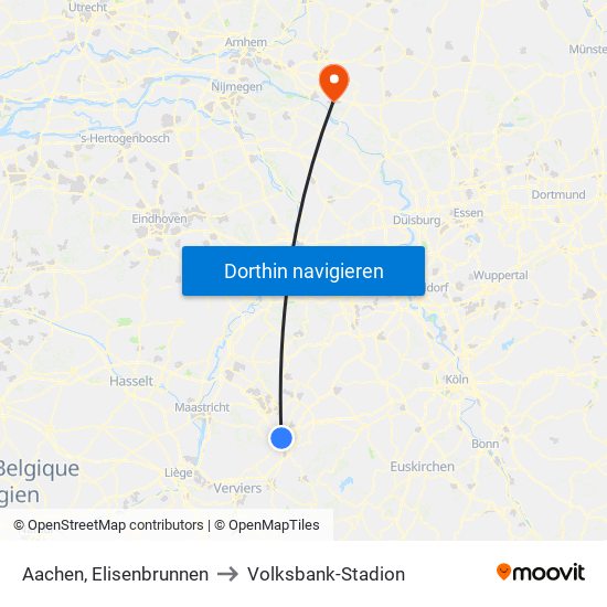 Aachen, Elisenbrunnen to Volksbank-Stadion map