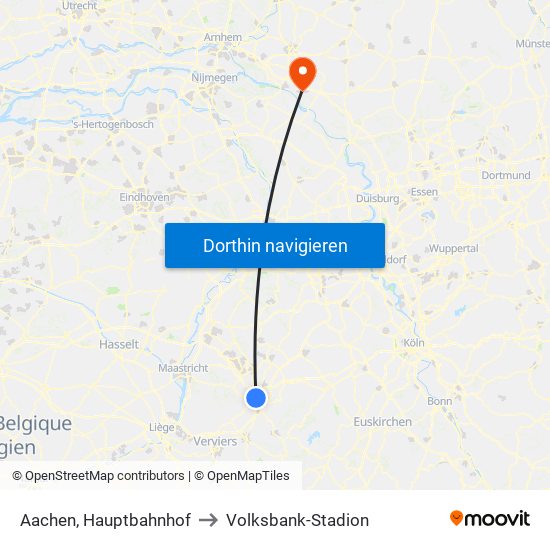 Aachen, Hauptbahnhof to Volksbank-Stadion map