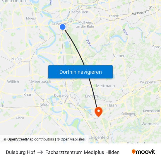 Duisburg Hbf to Facharztzentrum Mediplus Hilden map