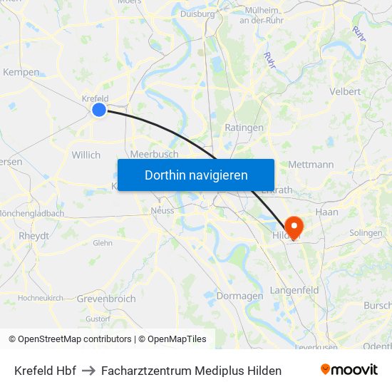 Krefeld Hbf to Facharztzentrum Mediplus Hilden map