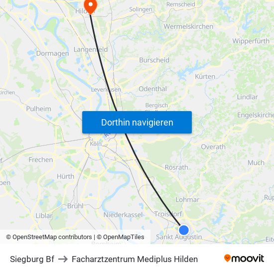 Siegburg Bf to Facharztzentrum Mediplus Hilden map