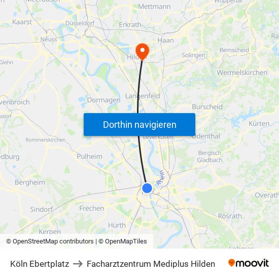 Köln Ebertplatz to Facharztzentrum Mediplus Hilden map