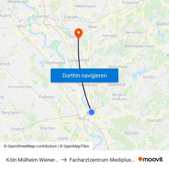 Köln Mülheim Wiener Platz to Facharztzentrum Mediplus Hilden map
