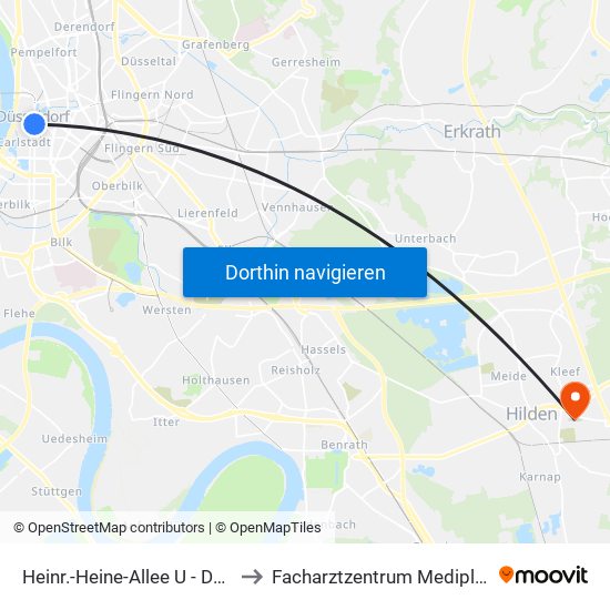 Heinr.-Heine-Allee U - Düsseldorf to Facharztzentrum Mediplus Hilden map