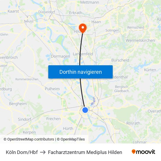 Köln Dom/Hbf to Facharztzentrum Mediplus Hilden map