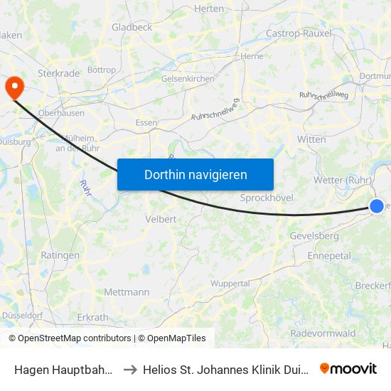 Hagen Hauptbahnhof to Helios St. Johannes Klinik Duisburg map