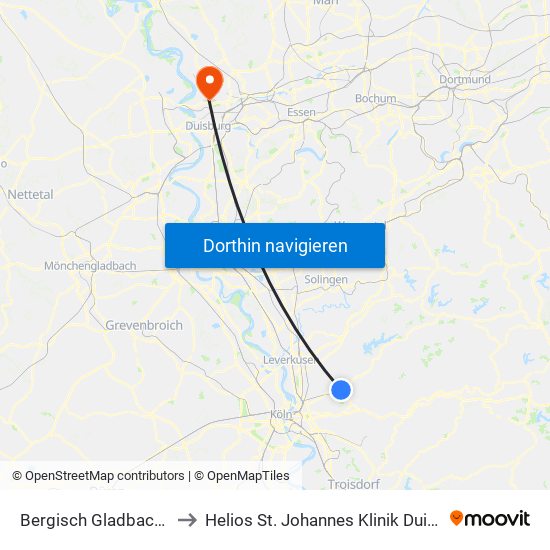 Bergisch Gladbach (S) to Helios St. Johannes Klinik Duisburg map