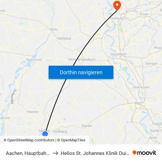 Aachen, Hauptbahnhof to Helios St. Johannes Klinik Duisburg map